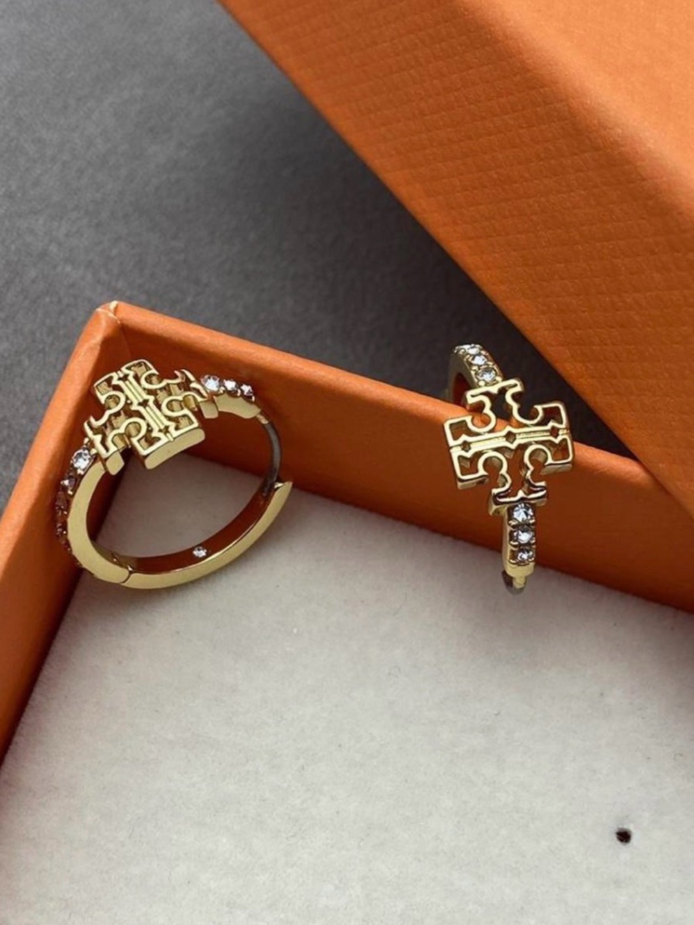 Tory Burch Gold Logo Crystal Hoop Earrings